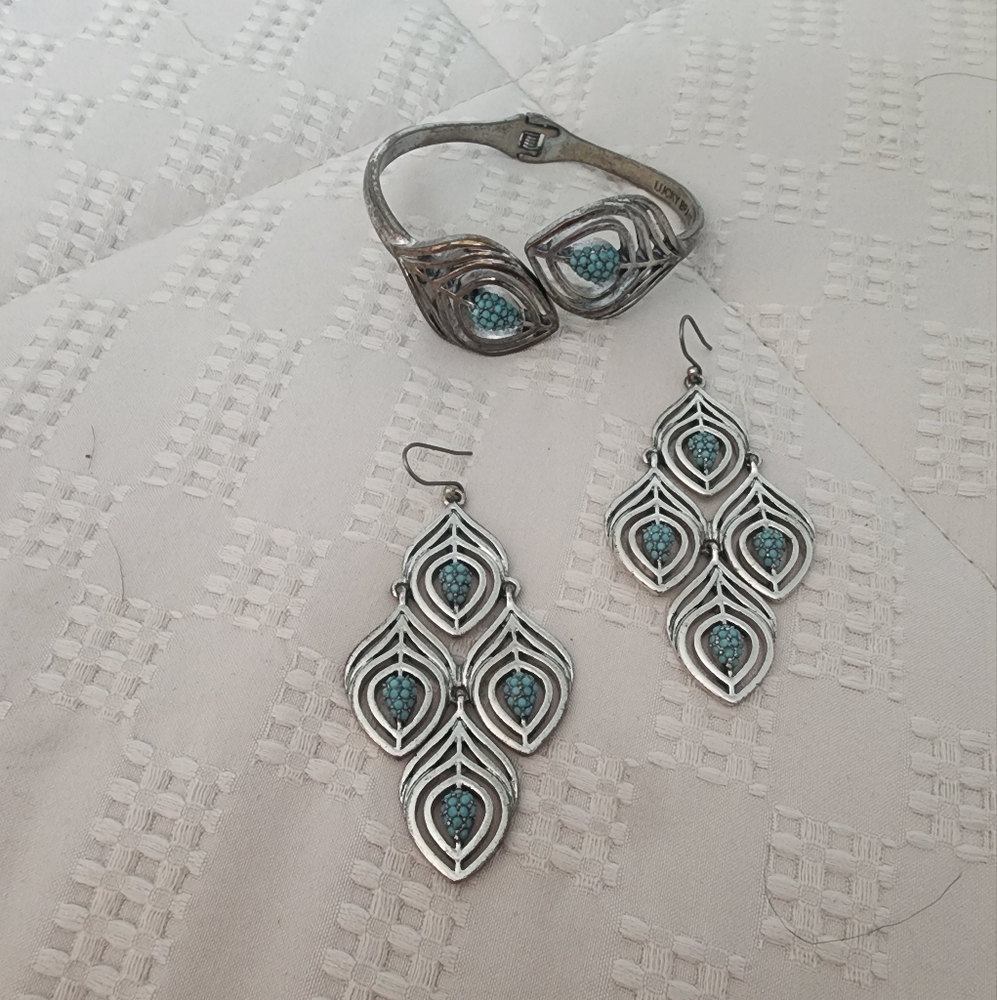 Lucky Brand Boho Silver and Turquoise Earrings  and Bracelet Set